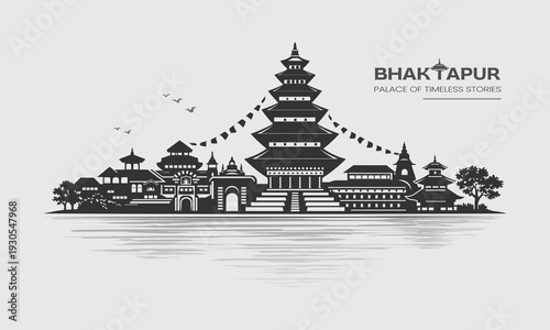 Bhaktapur Heritage Skyline Vector Nyatapola Temple Silhouette Cityscape Illustration