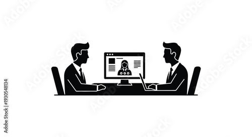 Two business professionals conduct a video conference facing each other across a desk with a laptop silhouette high quality professional detailed