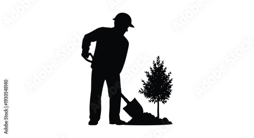 A solitary gardener plants a small tree with a shovel creating a tranquil outdoor scene silhouette high quality professional detailed modern