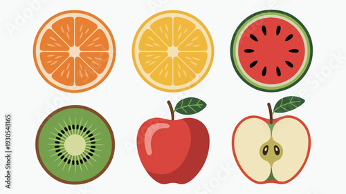 Assorted fresh fruit slices and whole fruits against light backdrop