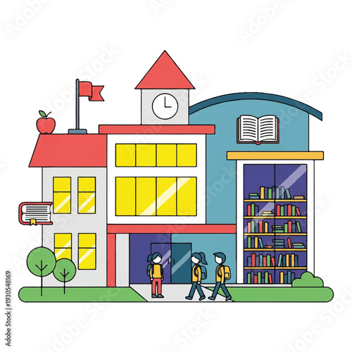 Colorful school building with clock tower and library outdoors, students arriving.