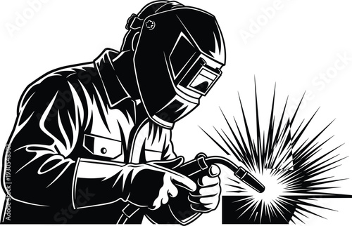 Black and white welding worker illustration showing protective helmet, sparks, and torch, industrial safety icon representing skilled labor, metalwork, craftsmanship, and occupational safety practices