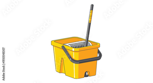 A brightly colored yellow mop and bucket set is displayed against a plain white background silhouette high quality professional detailed modern