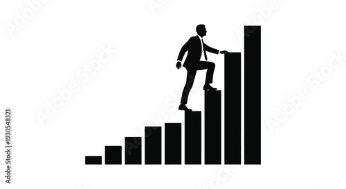 A businessman climbs a bar graph representing growth and success depicted as a striking silhouette high quality professional detailed modern elegant