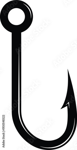 Black silhouette fishing hook illustration with sharp barb and circular eye, vector icon representing angling, fishing gear, tackle equipment, sport, and outdoor activity