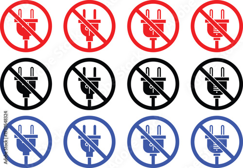 No plug icons a collection of red, black, and blue prohibition signs for electrical safety