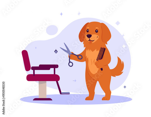 Flat vector illustration of a brown dog working as a barber