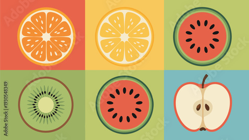 Minimalist fruit slice pattern with orange lemon watermelon kiwi and apple on color grid