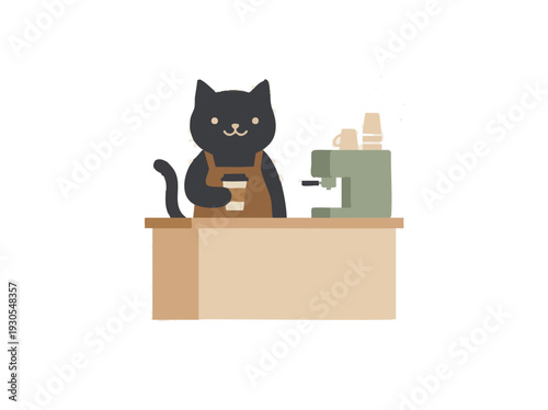 Flat vector illustration of a cute black cat running a coffee shop