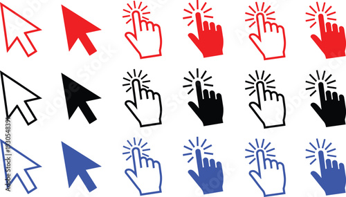 Selection cursor and hand pointer icons set in red black and blue colors for website interface navigation