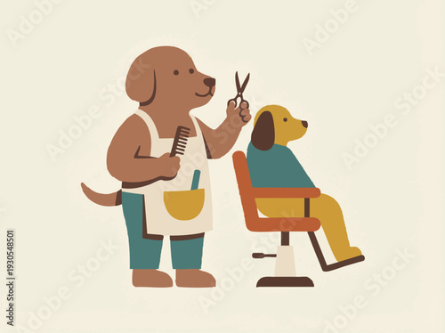 Flat vector illustration of a dog working as a barber