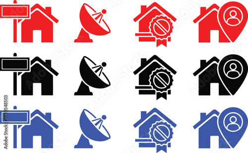 House with sign antenna and location pins icons on transparent background red black and blue