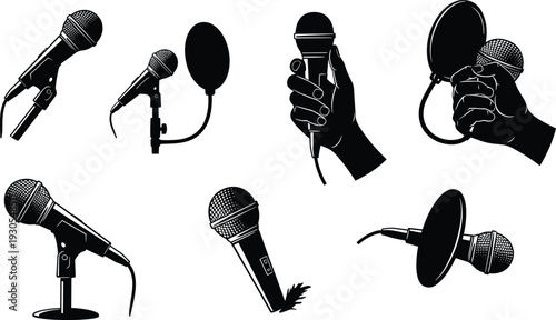 Silhouette microphones, audio recording tools, podcast equipment, broadcasting illustration, music production design, studio setup, pop filter, creative sound concept