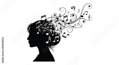 A striking profile of a woman s head filled with swirling musical notes creating a dreamy artistic silhouette high quality professional detailed