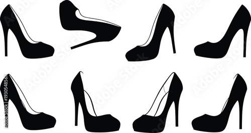 Silhouette high heel shoes, fashion footwear, stylish design, unique shoe illustration, abstract concept, modern art, pattern recognition puzzle