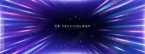 Futuristic VR Technology Light Speed Starfield Background Design Media. Abstract light rays background. Virtual Reality Technology background with zoom effect. 