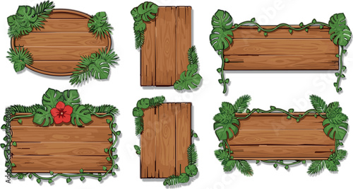 Wooden Signboard Frames with Tropical Leaves Vector Illustration Set Featuring Rustic Wooden Boards Decorated with Green Plants and Nature Elements