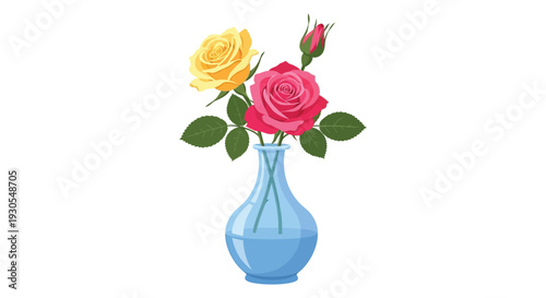A vibrant arrangement of yellow and pink roses displayed in a light blue vase a floral silhouette high quality professional detailed