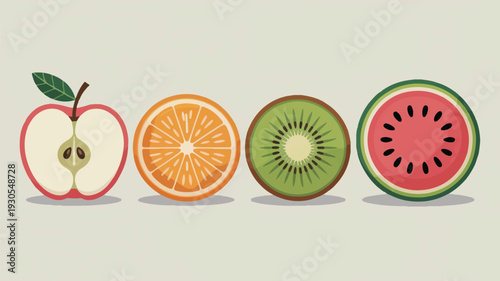 Horizontal row of four sliced fruits showing apple orange kiwi and watermelon side by side