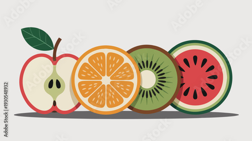 Overlapping fruit slice graphics displaying apple half orange kiwi and watermelon segment
