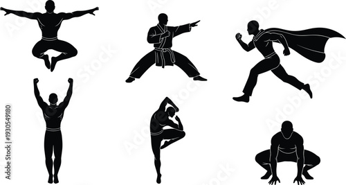 Silhouette human figures, meditation pose, martial arts stance, superhero running, celebration gesture, yoga balance, athletic crouch, expressive dynamic movement illustration