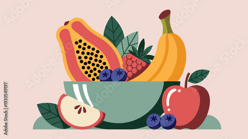 Healthy fruits in green bowl vector illustration with papaya banana apple blueberry raspberry