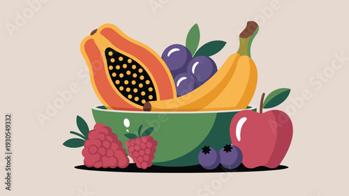 Vibrant fruit bowl vector illustration with papaya banana apple grape blueberry raspberry