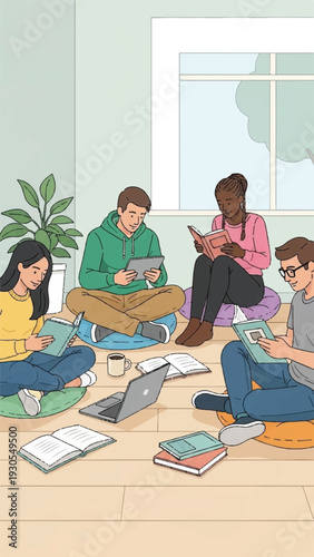 Diverse group of friends collaborating during an informal study session indoors.