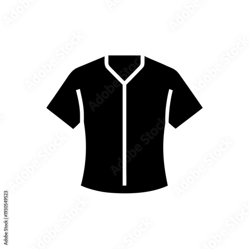 Black short-sleeved button-up shirt with v-neck collar and front placket
