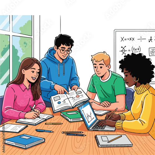 Group of diverse students collaborating during a bright study session in a classroom.