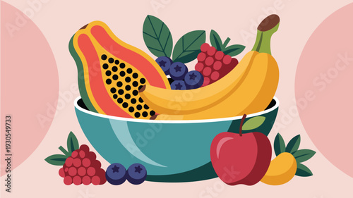 Healthy fruit bowl vector illustration with papaya banana apple blueberry raspberry lemon