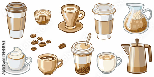 Collection of various coffee drinks beans and related serving items
