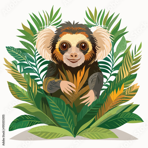 Cartoon primate in lush tropical foliage smiling directly at viewer