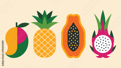 Tropical fruits mango pineapple papaya dragon fruit set for healthy lifestyle and summer