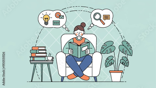 Cozy reading session in a living room with books, plants, and a person relaxing on a sofa.