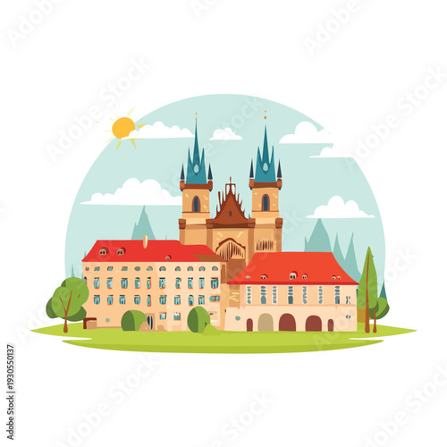 Cartoon illustration of a historical european building