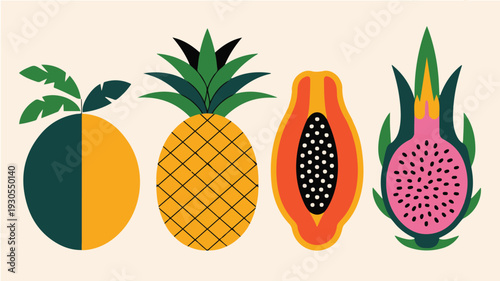 Set of stylized tropical fruits mango pineapple papaya dragon fruit flat design