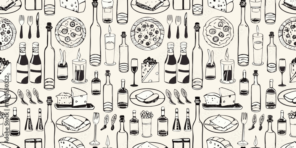Obraz premium Seamless pattern of hand drawn food cutlery and beverage illustrations