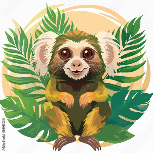 Cartoon primate surrounded by lush tropical foliage