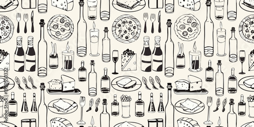 Seamless pattern of hand drawn food cutlery and beverage illustrations