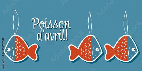 April fool s day illustration with cartoon fish and french text