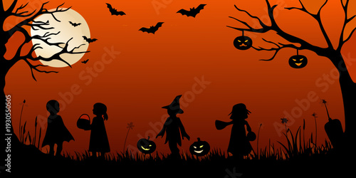 Halloween night scene with trick or treating children and a full moon