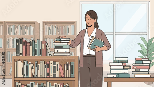 Illustrated scene of a woman organizing books in a cozy home library workspace.