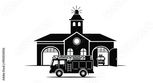 A striking black silhouette depicts a fire station with a truck showcasing architectural details and emergency services silhouette high quality professional