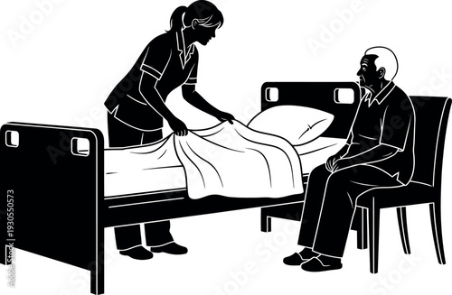 Nurse or CNA Making Bed for Elderly Patient in Hospital Room Silhouette