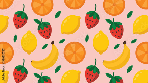 Colorful summer fruit pattern with strawberries lemons bananas and oranges on pink backdrop