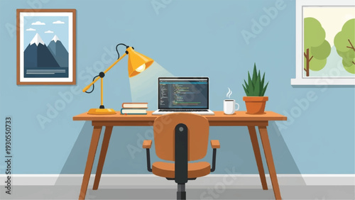 Cozy modern home office with desk, computer, lamp and plants in a blue-walled room.