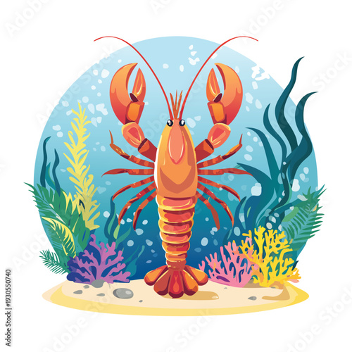 Cartoon lobster swimming amongst underwater plants and coral