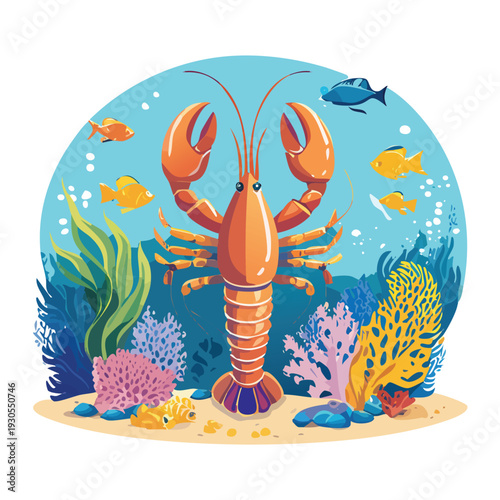 Cartoon lobster swimming among colorful coral and fish