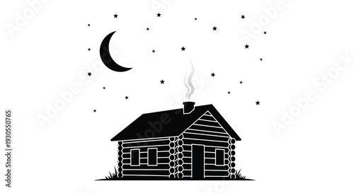 A cozy cabin scene with a crescent moon and twinkling stars depicted in striking black silhouette high quality professional detailed modern